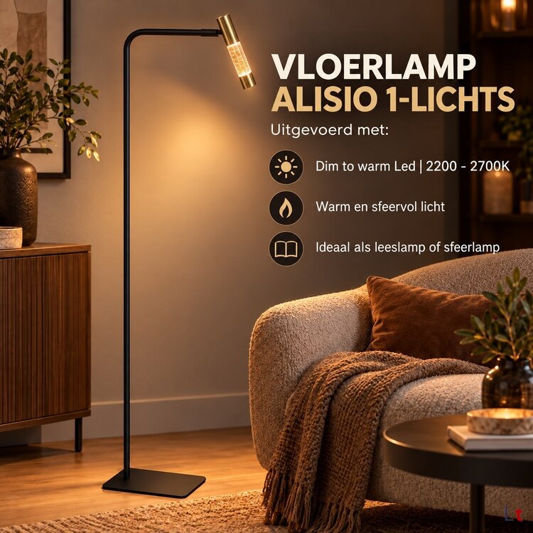Steinhauer Vloerlamp Alisio Messing Zwart 1-lichts Verstelbaar met Pushdimmer & Dim to Warm