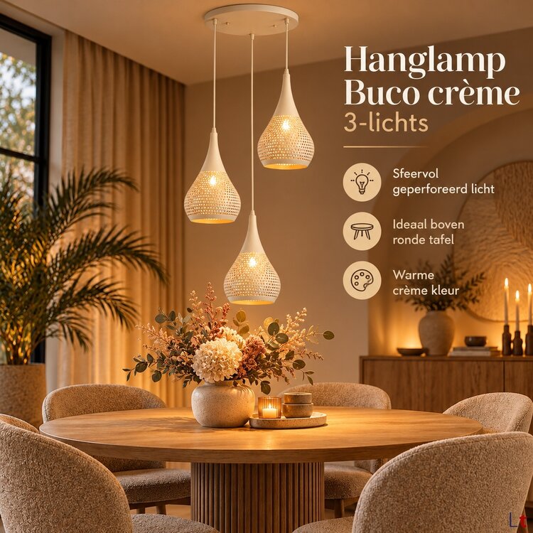 Freelight Buco Hanglamp Crème 3-Lichts Rond met Geperforeerde Kappen