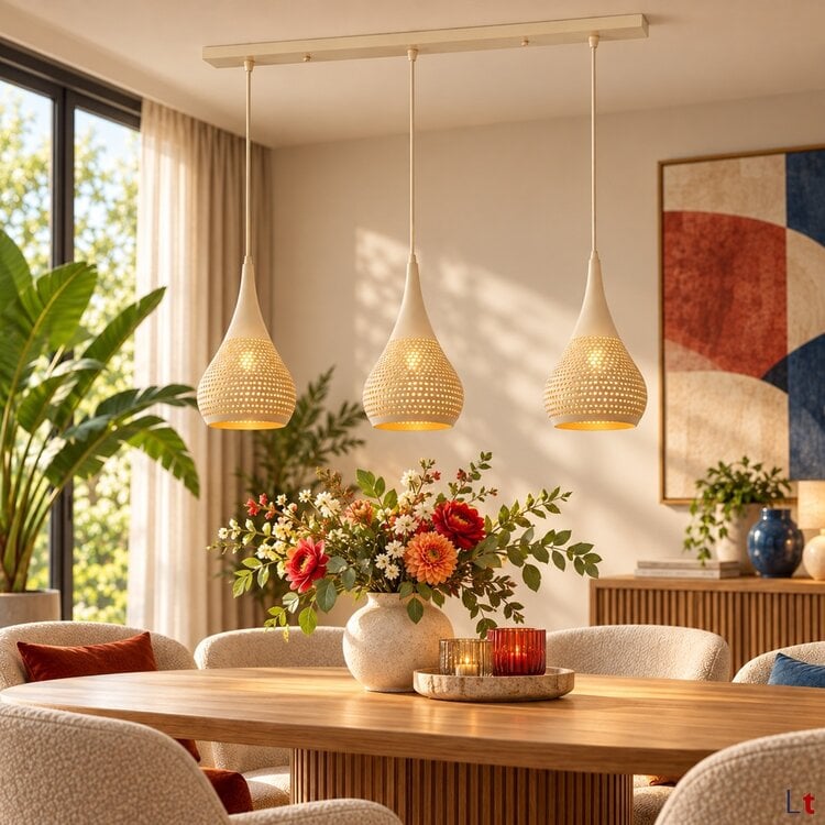 Freelight Buco Hanglamp Crème 3-Lichts Balk met Geperforeerde Kappen
