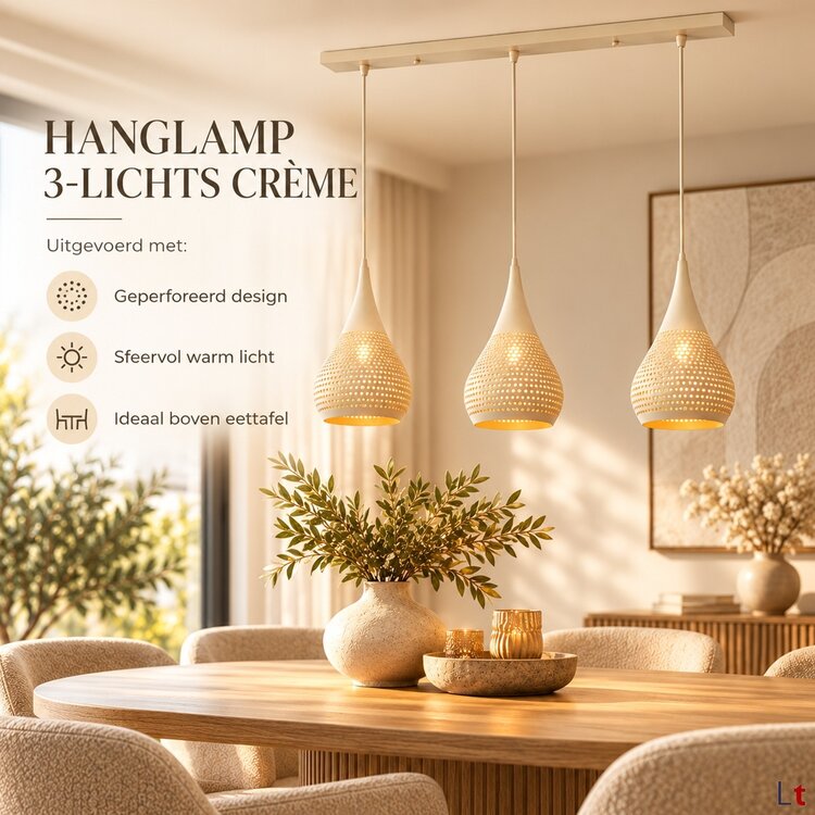 Freelight Buco Hanglamp Crème 3-Lichts Balk met Geperforeerde Kappen
