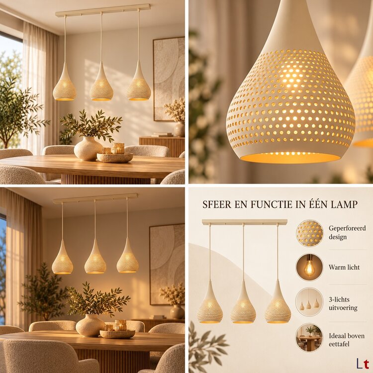 Freelight Buco Hanglamp Crème 3-Lichts Balk met Geperforeerde Kappen