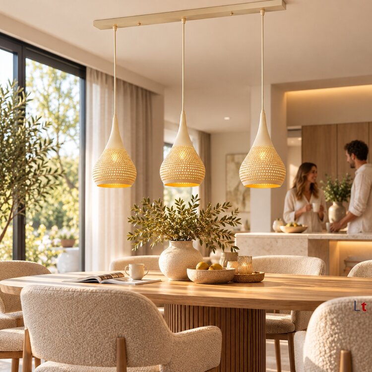 Freelight Buco Hanglamp Crème 3-Lichts Balk met Geperforeerde Kappen