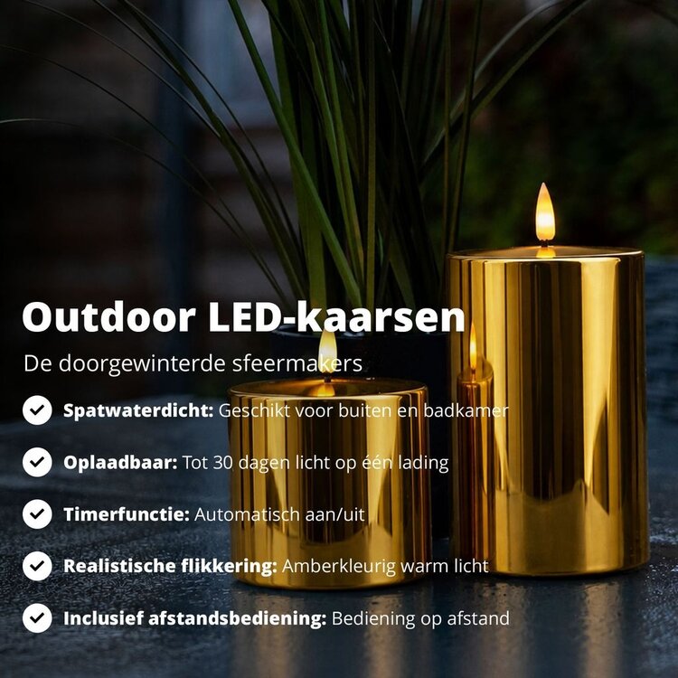 Oplaadbare Led Kaarsen Glossy Gold Bewegende Vlam Incl. Afstandsbediening 2 Stuks