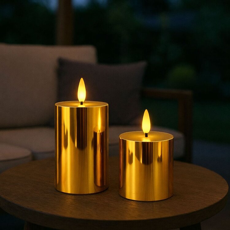 Oplaadbare Led Kaarsen Glossy Gold Bewegende Vlam Incl. Afstandsbediening 2 Stuks