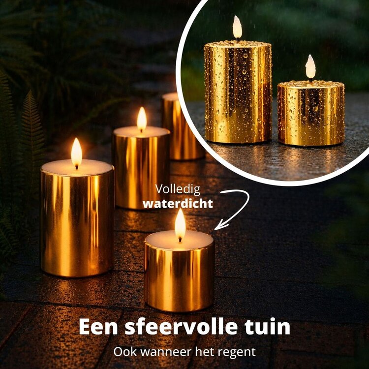 Oplaadbare Led Kaarsen Glossy Gold Bewegende Vlam Incl. Afstandsbediening 2 Stuks