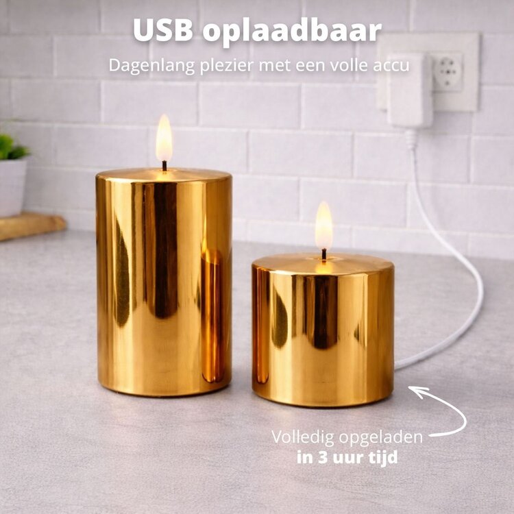 Oplaadbare Led Kaarsen Glossy Gold Bewegende Vlam Incl. Afstandsbediening 2 Stuks