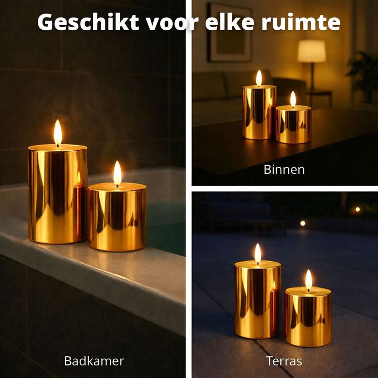 Oplaadbare Led Kaarsen Glossy Gold Bewegende Vlam Incl. Afstandsbediening 2 Stuks