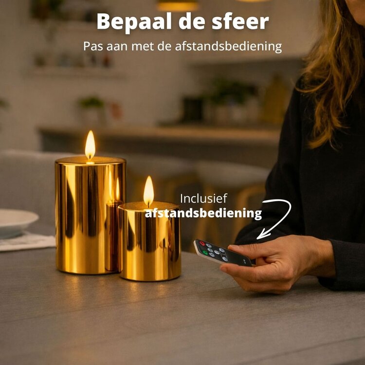 Oplaadbare Led Kaarsen Glossy Gold Bewegende Vlam Incl. Afstandsbediening 2 Stuks