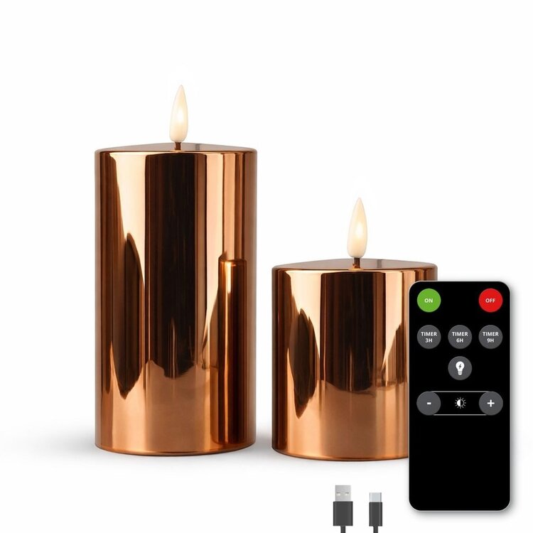 Oplaadbare Led Kaarsen Glossy Bronze Bewegende Vlam Incl. Afstandsbediening 2 Stuks