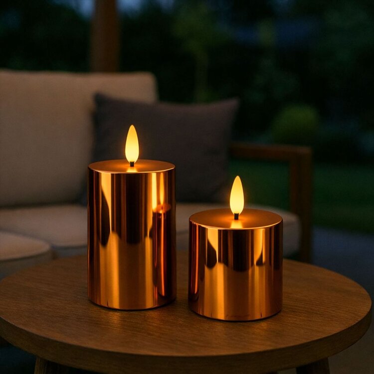 Oplaadbare Led Kaarsen Glossy Bronze Bewegende Vlam Incl. Afstandsbediening 2 Stuks