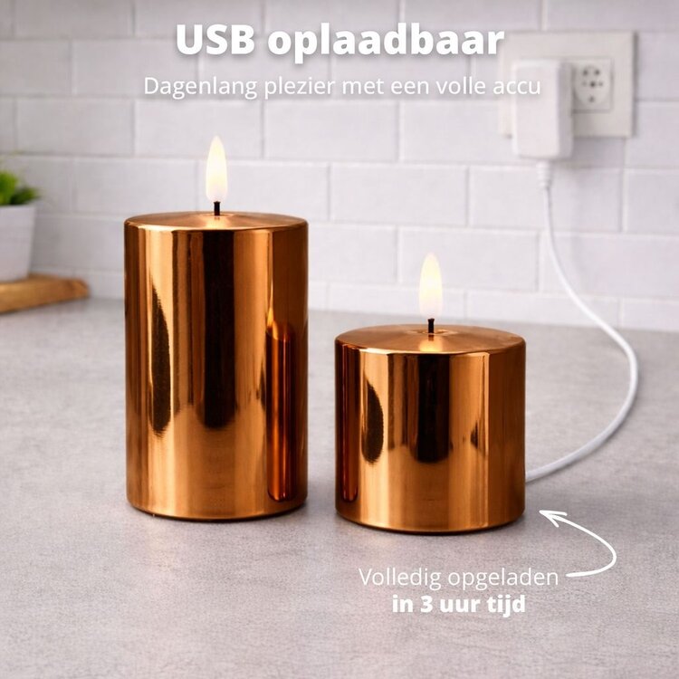 Oplaadbare Led Kaarsen Glossy Bronze Bewegende Vlam Incl. Afstandsbediening 2 Stuks