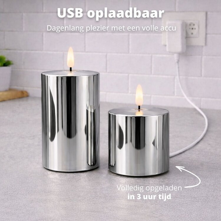 Oplaadbare Led Kaarsen Glossy Silver Bewegende Vlam Incl. Afstandsbediening 2 Stuks