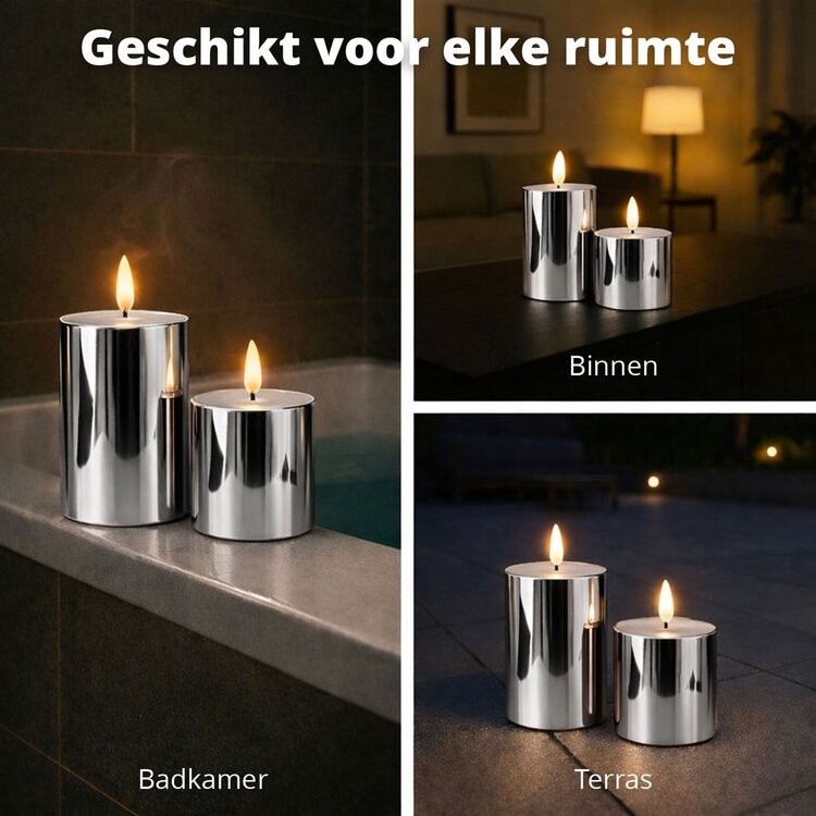Oplaadbare Led Kaarsen Glossy Silver Bewegende Vlam Incl. Afstandsbediening 2 Stuks