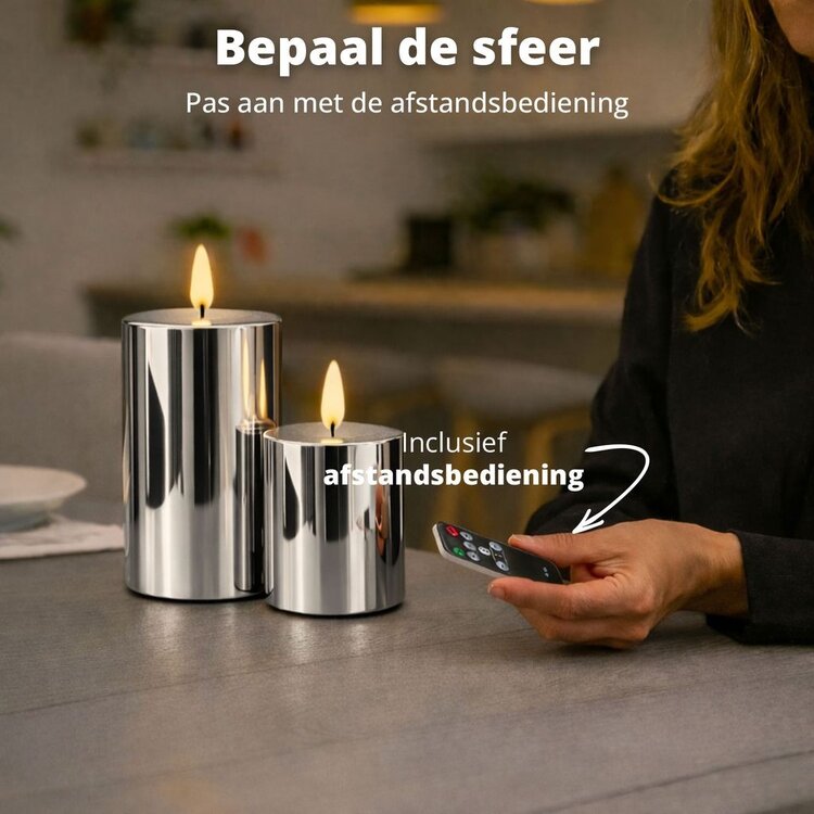 Oplaadbare Led Kaarsen Glossy Silver Bewegende Vlam Incl. Afstandsbediening 2 Stuks