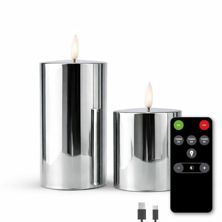 Oplaadbare Led Kaarsen Glossy Silver Bewegende Vlam Incl. Afstandsbediening 2 Stuks