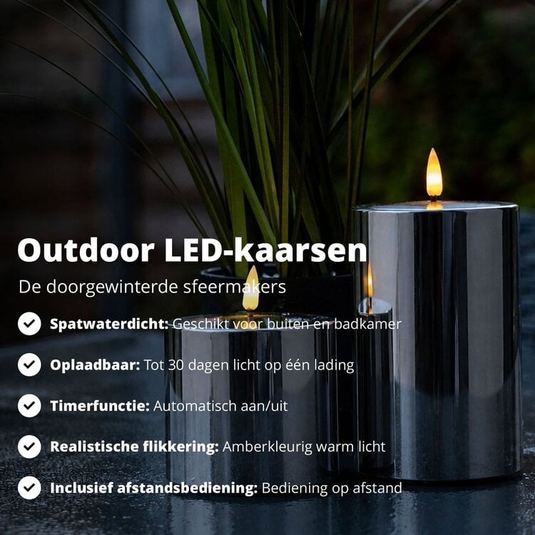 Oplaadbare Led Kaarsen Glossy Silver Bewegende Vlam Incl. Afstandsbediening 2 Stuks