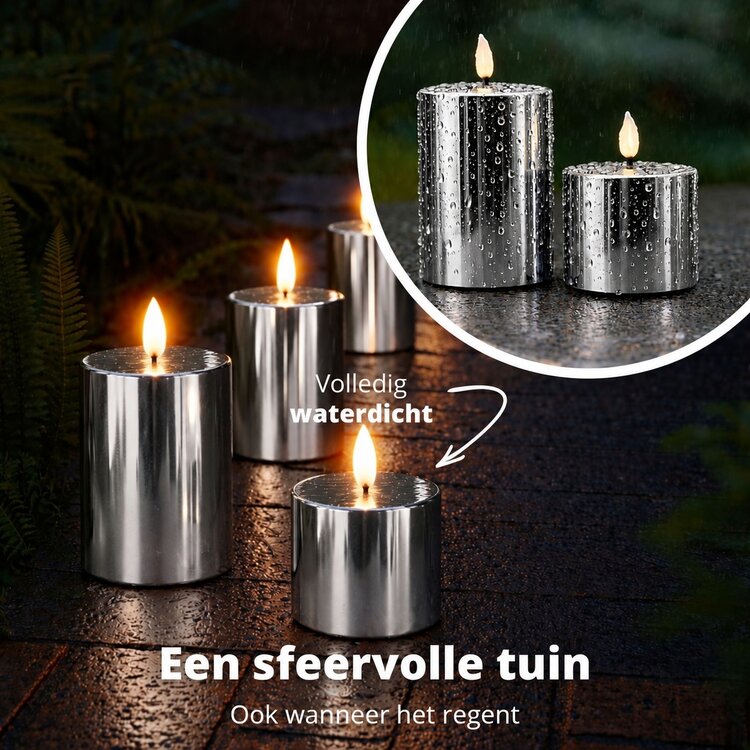 Oplaadbare Led Kaarsen Glossy Silver Bewegende Vlam Incl. Afstandsbediening 2 Stuks