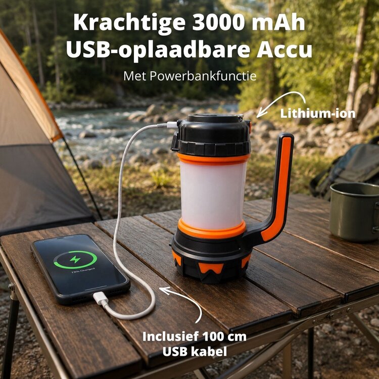 Oplaadbare Camping- Zaklamp incl Powerbankfunctie en SOS Functie