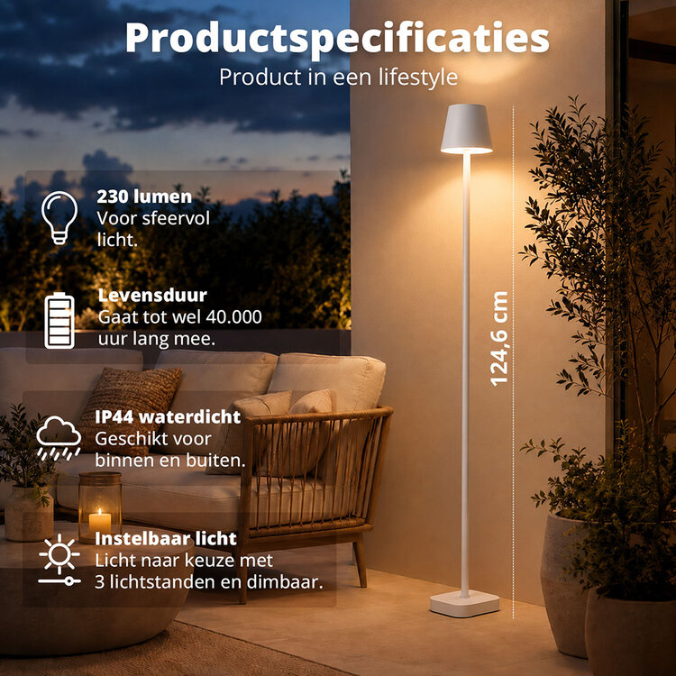Oplaadbare Vloerlamp Lume Wit Dimbaar & 3 Lichtkleuren