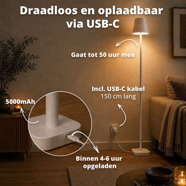 Oplaadbare Vloerlamp Lume Wit Dimbaar & 3 Lichtkleuren