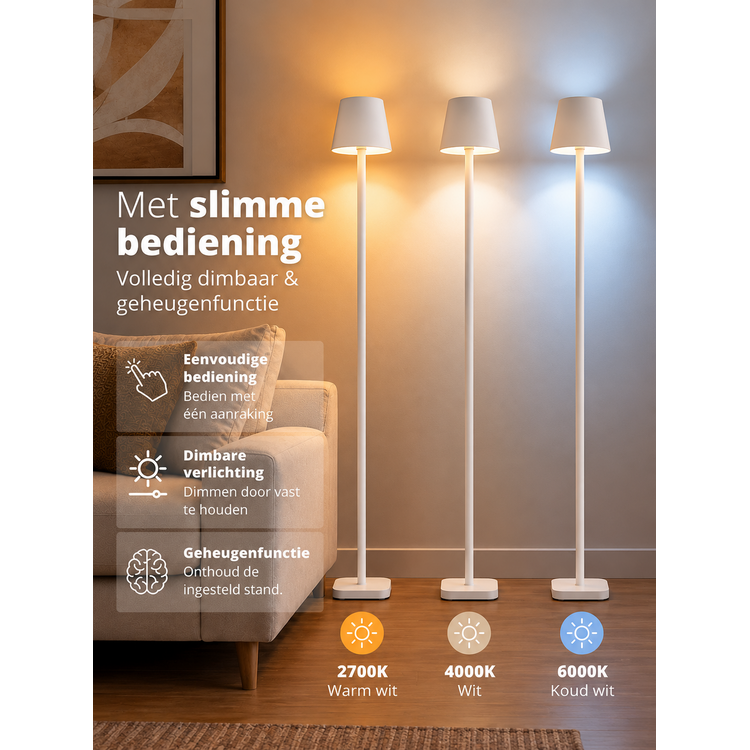 Oplaadbare Vloerlamp Lume Wit Dimbaar & 3 Lichtkleuren