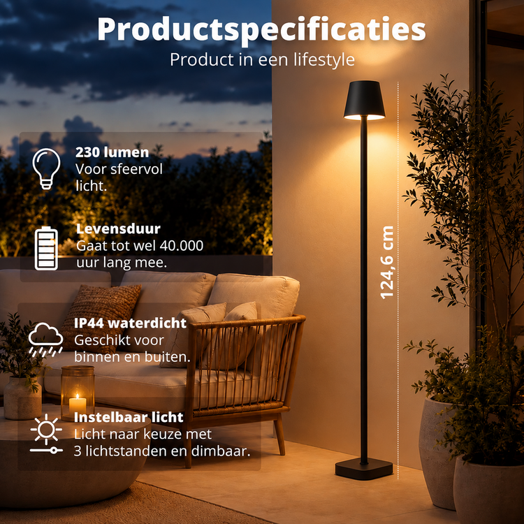 Oplaadbare Vloerlamp Lume Zwart Dimbaar & 3 Lichtkleuren