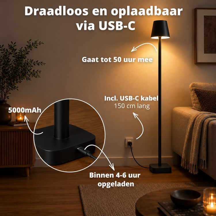Oplaadbare Vloerlamp Lume Zwart Dimbaar & 3 Lichtkleuren