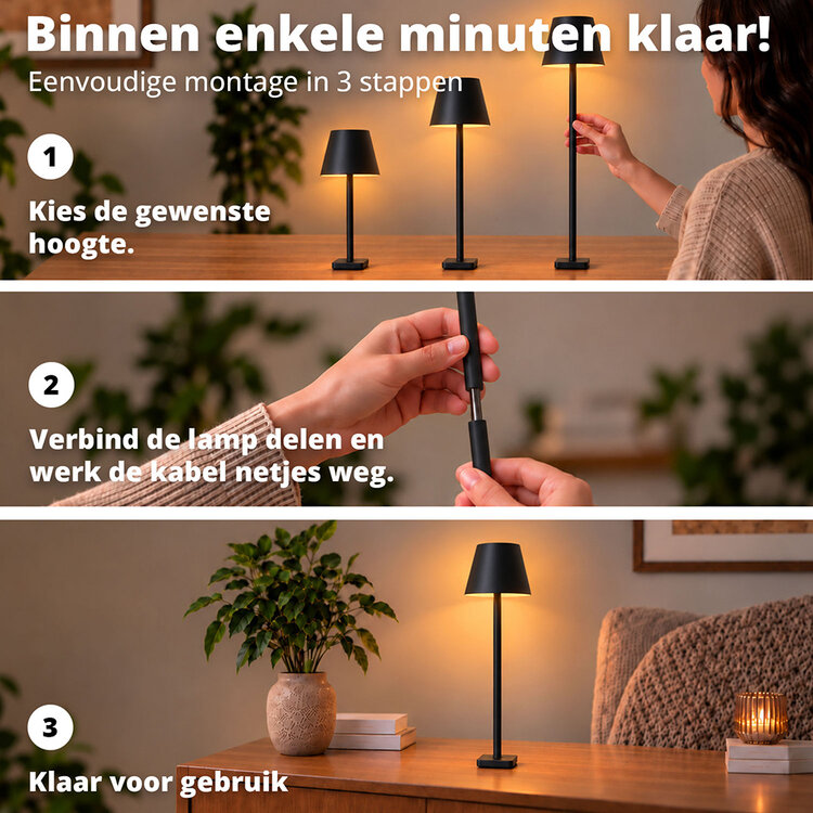 Oplaadbare Vloerlamp Lume Zwart Dimbaar & 3 Lichtkleuren