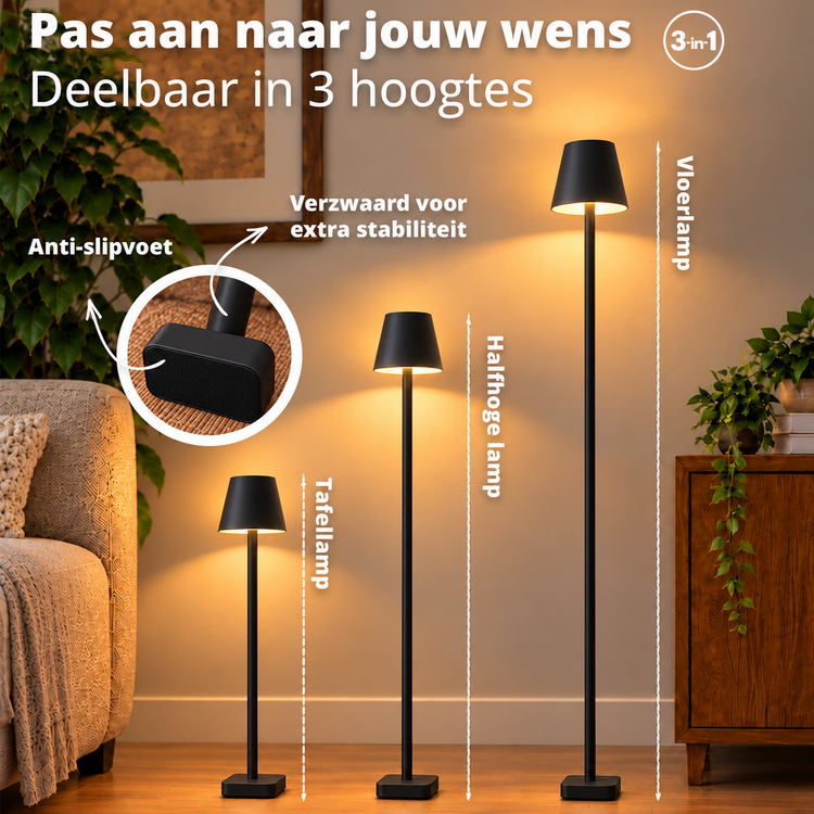 Oplaadbare Vloerlamp Lume Zwart Dimbaar & 3 Lichtkleuren