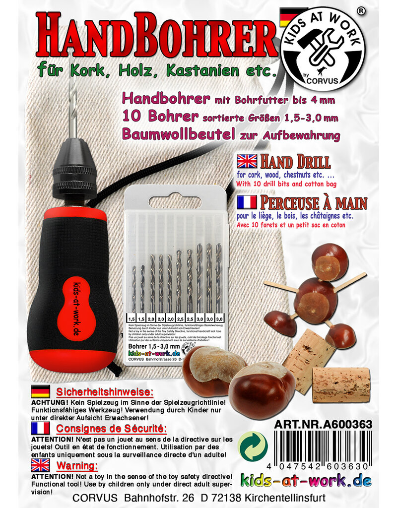 Kids at work Short ergonomic hand drill with drill bits