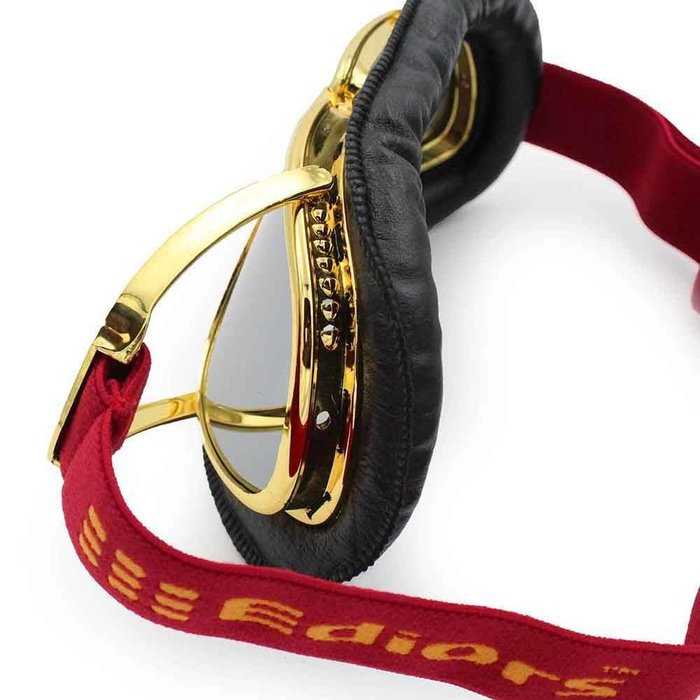 Ediors retro goud, zwart leren motorbril