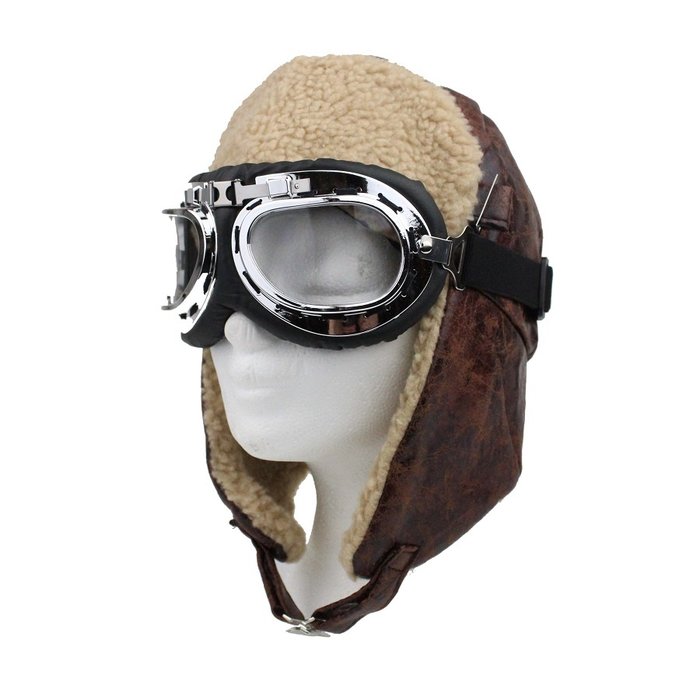 Brown aviator hat cap with motor goggles