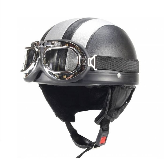 Vintage schwarz - silberner Leder Halbschalenhelm