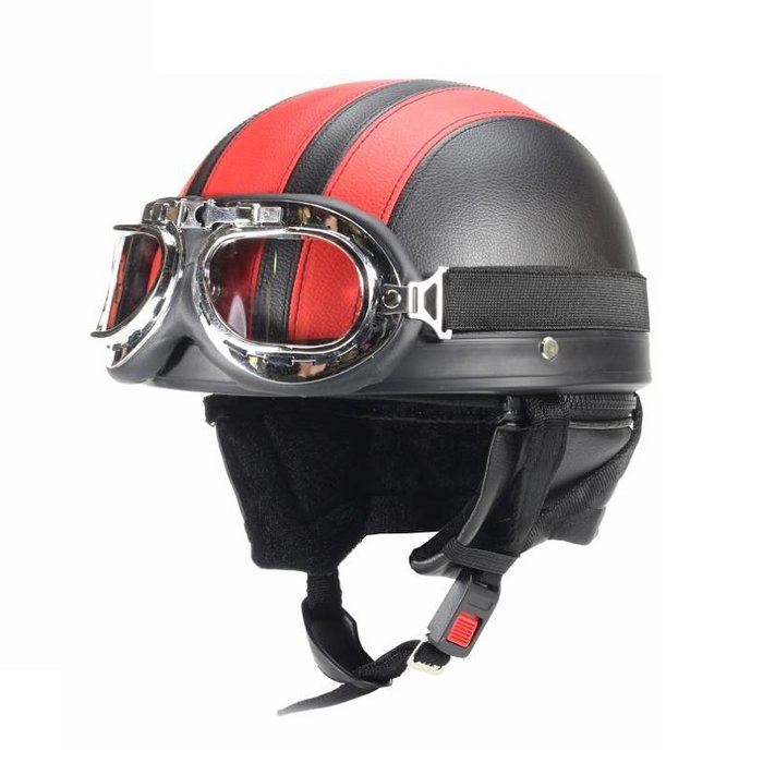 Vintage black - red leather half helmet