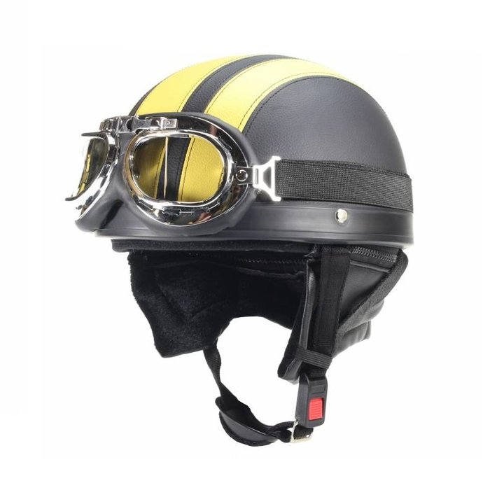 Vintage schwarz - gelber Leder Halbschalenhelm