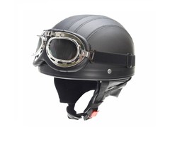 Vintage Retro mattschwarzer Leder Halbschalenhelm