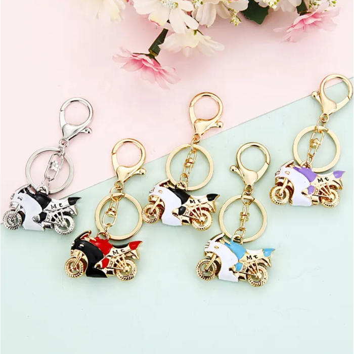 Keychain Gold Motorcycle White with Blue