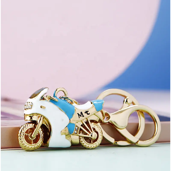 Keychain Gold Motorcycle White with Blue
