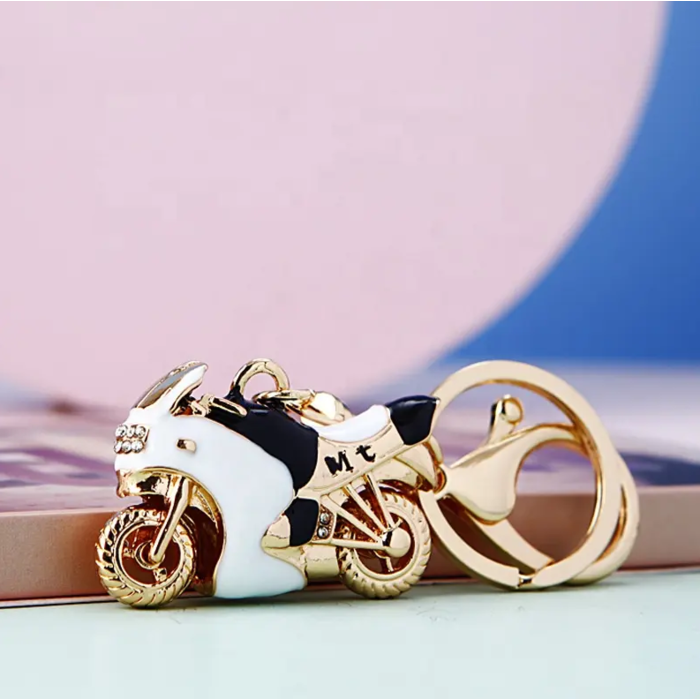 Schlüsselanhänger Gold Motorrad Weiß mit Schwarz