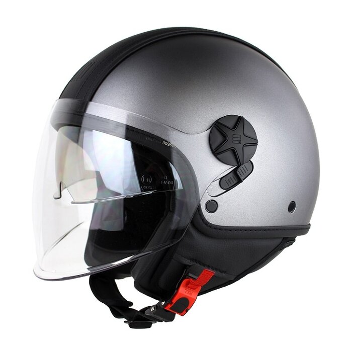 Motocubo top cube jethelm met dubbel vizier | grijs - zwart leer | ECE 22.06