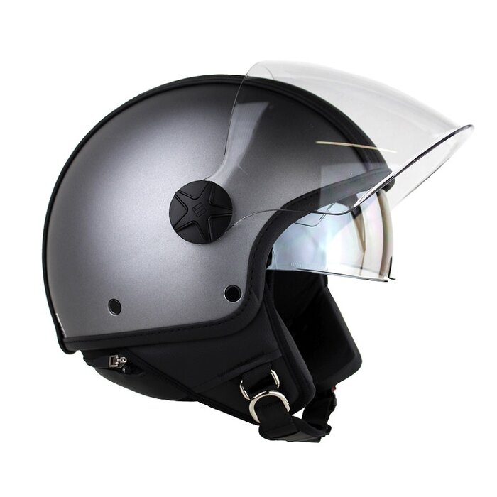 Motocubo top cube jethelm met dubbel vizier | grijs - zwart leer | ECE 22.06