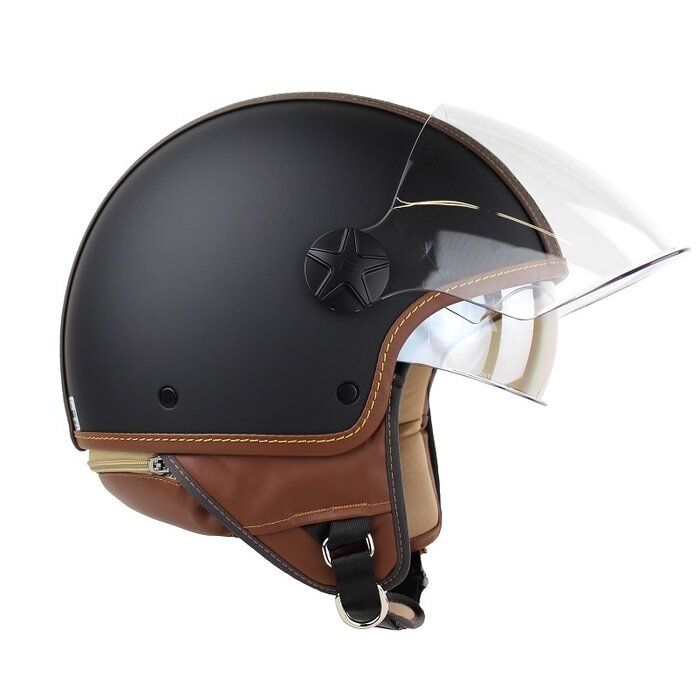 Motocubo Top cube Jethelm mit Doppelvisier | mattschwarz - braun Leder | ECE 22.06