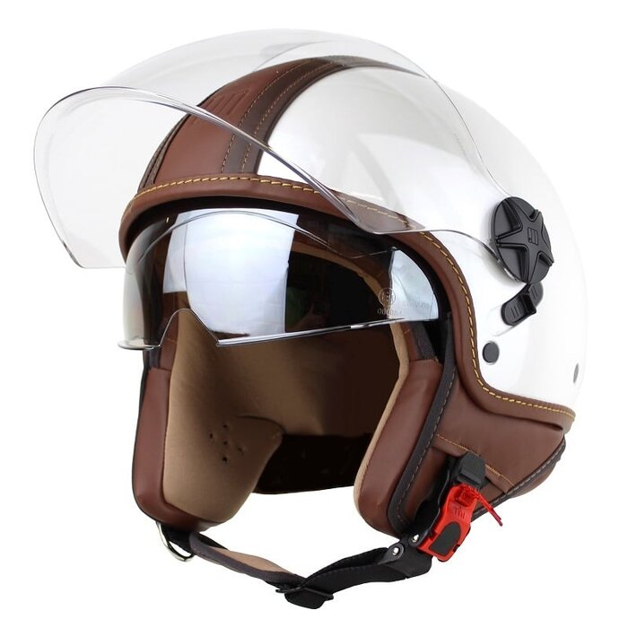 Motocubo top cube jet helmet with double visor | white - brown leather | ECE 22.06