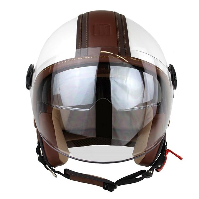 Motocubo top cube jet helmet with double visor | white - brown leather | ECE 22.06