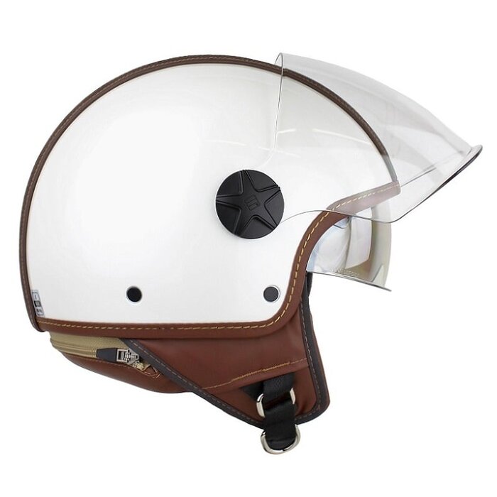 Motocubo top cube jet helmet with double visor | white - brown leather | ECE 22.06