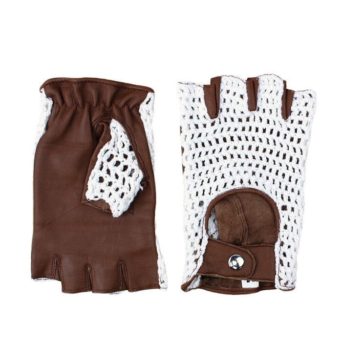 Swift fingerless crochet leather gloves white - brown