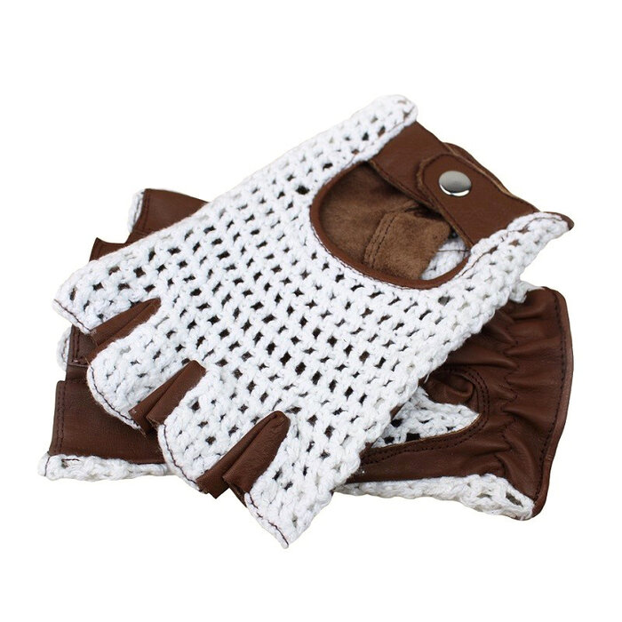 Swift vingerloze crochet leren handschoenen wit - bruin