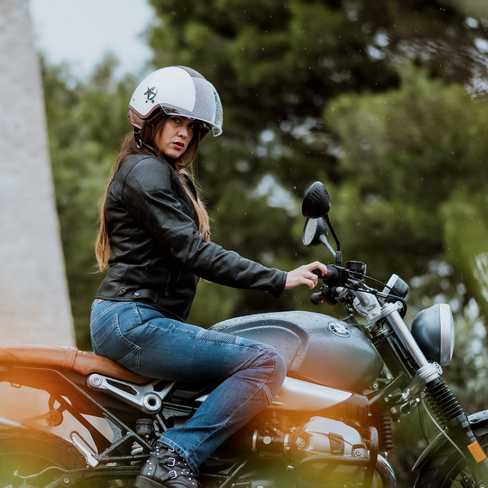 Motocubo top cube jethelm met dubbel vizier | wit - bruin leer | ECE 22.06