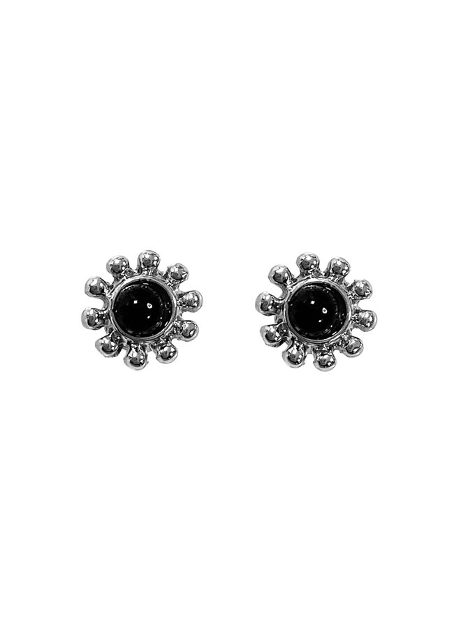 Vintage stud earring Black Flower - Silver