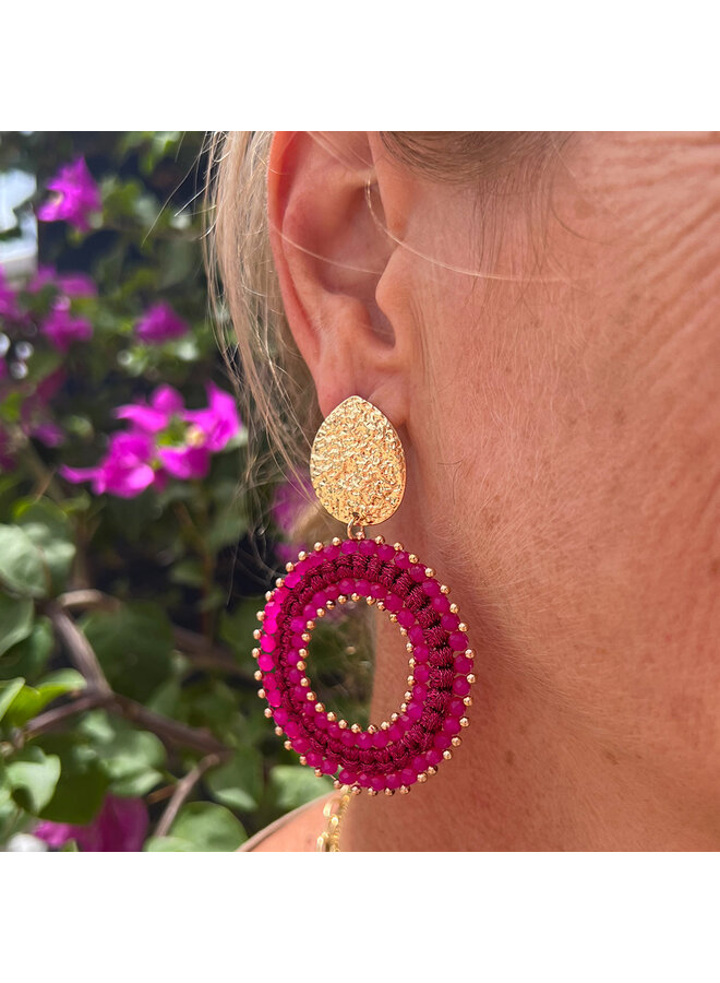 Statement Oorbel Reina - fuchsia - Rond met Kraaltjes | Jozemiek